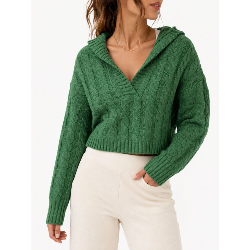 American Eagle Green Cable Knit Hooded Sweater Women's Size Small
